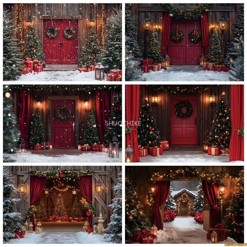 Photography Lighting Portrait - Christmas Red Barn Door Backdrop Farm